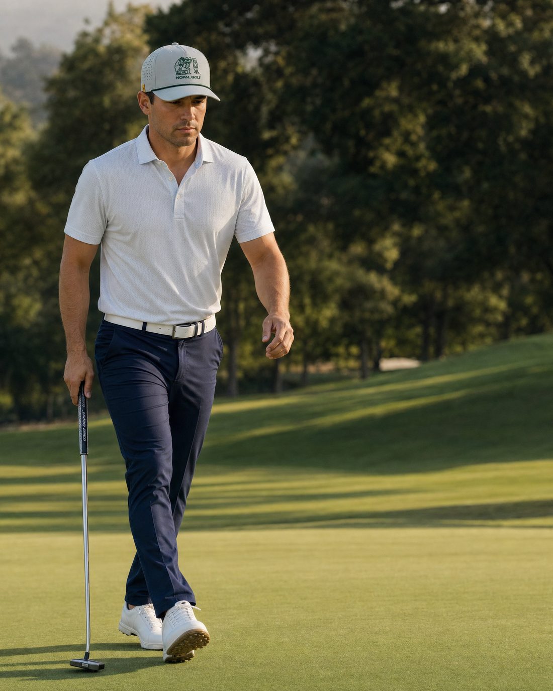 Golfista con gorra Nopal Classic caminando el fairway
